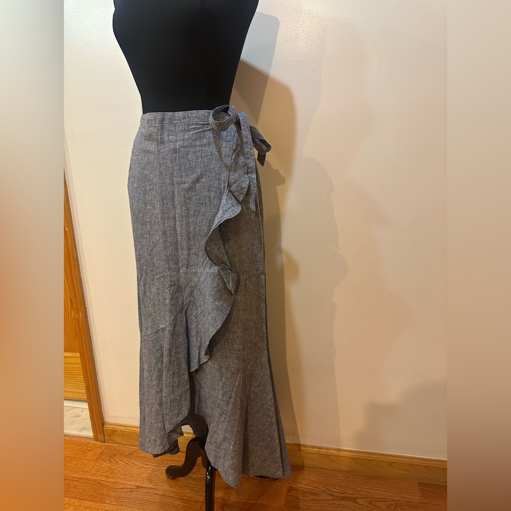 Express Chambray Ruffle Faux wrap Linen & cotton Maxi Skirt Like New Size Small
